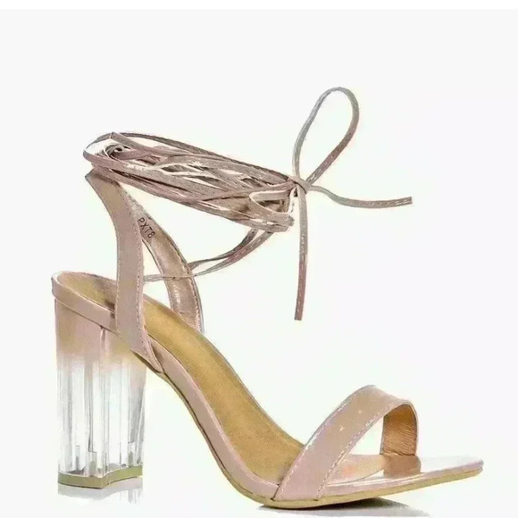 Boohoo Night Tilly Wrap Strap Mocha Clear Block Heels Sandals - Picture 1 of 4
